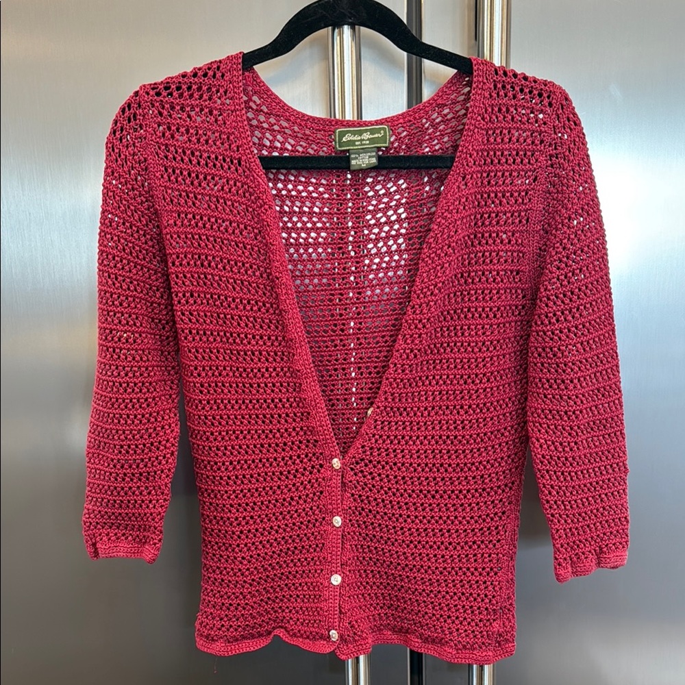 Eddie Bauer Burgundy Crochet Cardigan with 3/4 Sleeves